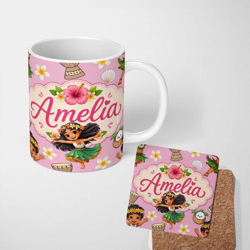 Personalized Custom Name Cute Hawaiian Girl Hula Dance Coconut Shell Rose Background 11oz Ceramic Coffee Tea Mug White Large Handle