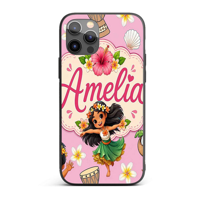 Cute Hawaiian Girl Hula Dance Coconut Shell Rose Custom Name Protective Phone Case Mobile Cover Durable Everyday Smartphone Shock Resistant