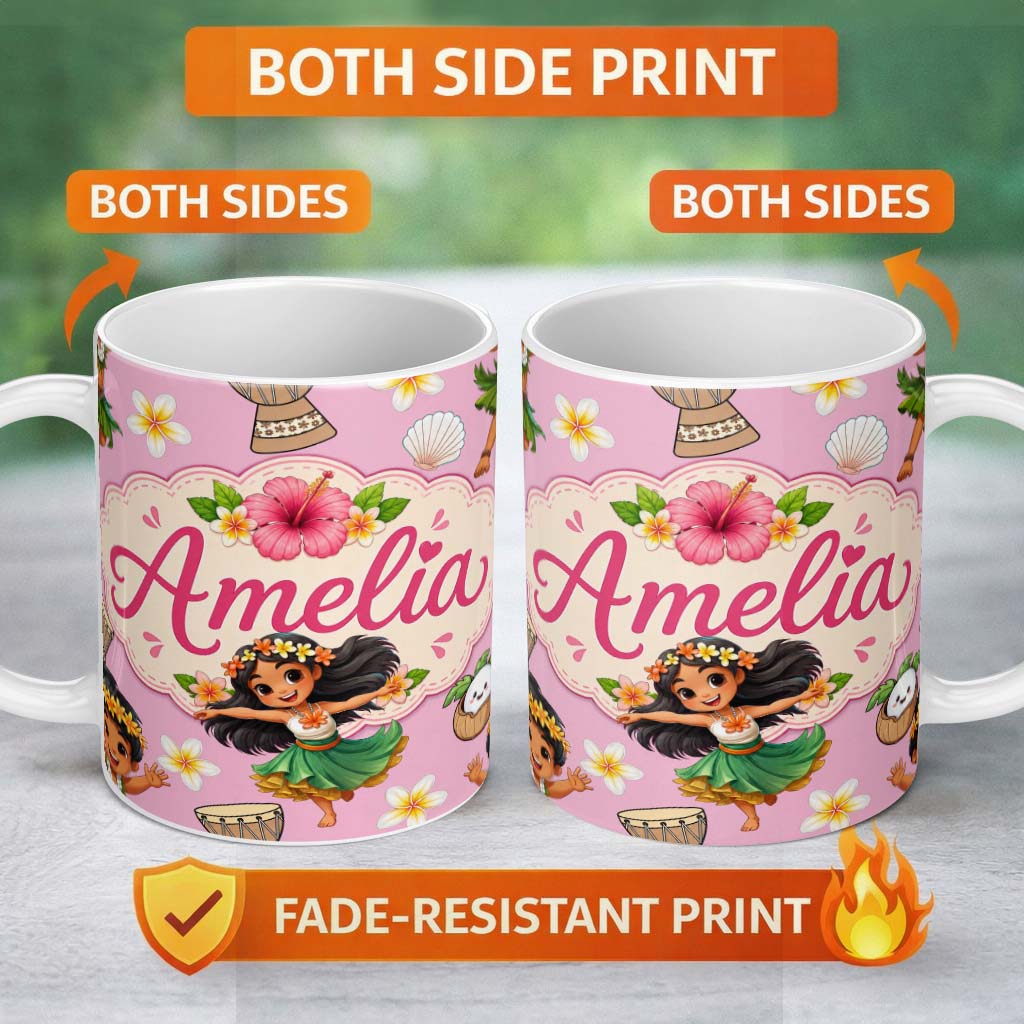 Personalized Custom Name Cute Hawaiian Girl Hula Dance Coconut Shell Rose Background 11oz Ceramic Coffee Tea Mug White Large Handle