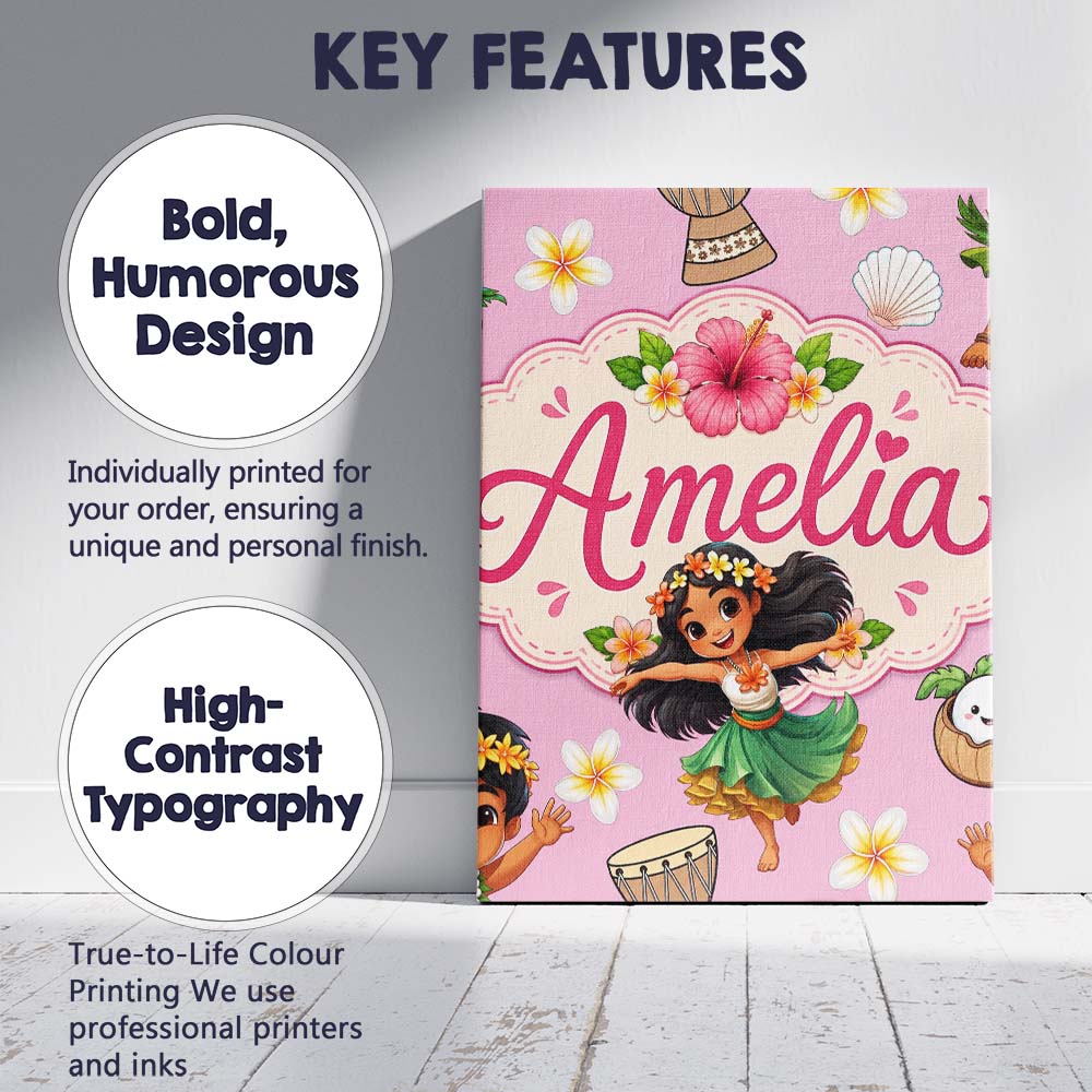 Personalised Name Cute Hawaiian Girl Hula Custom  Unique Gift Idea Elegant Feature Canvas Wall Art Print Decor Picture Ready to Hang
