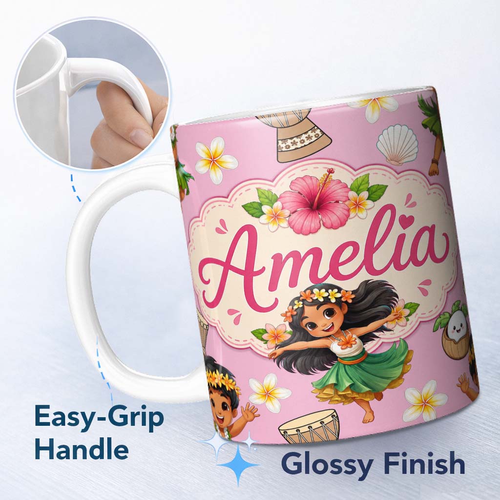 Personalized Custom Name Cute Hawaiian Girl Hula Dance Coconut Shell Rose Background 11oz Ceramic Coffee Tea Mug White Large Handle