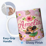 Personalized Custom Name Cute Hawaiian Girl Hula Dance Coconut Shell Rose Background 11oz Ceramic Coffee Tea Mug White Large Handle