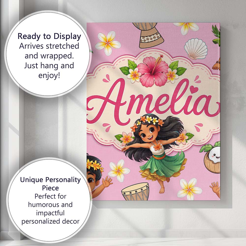Personalised Name Cute Hawaiian Girl Hula Custom  Unique Gift Idea Elegant Feature Canvas Wall Art Print Decor Picture Ready to Hang