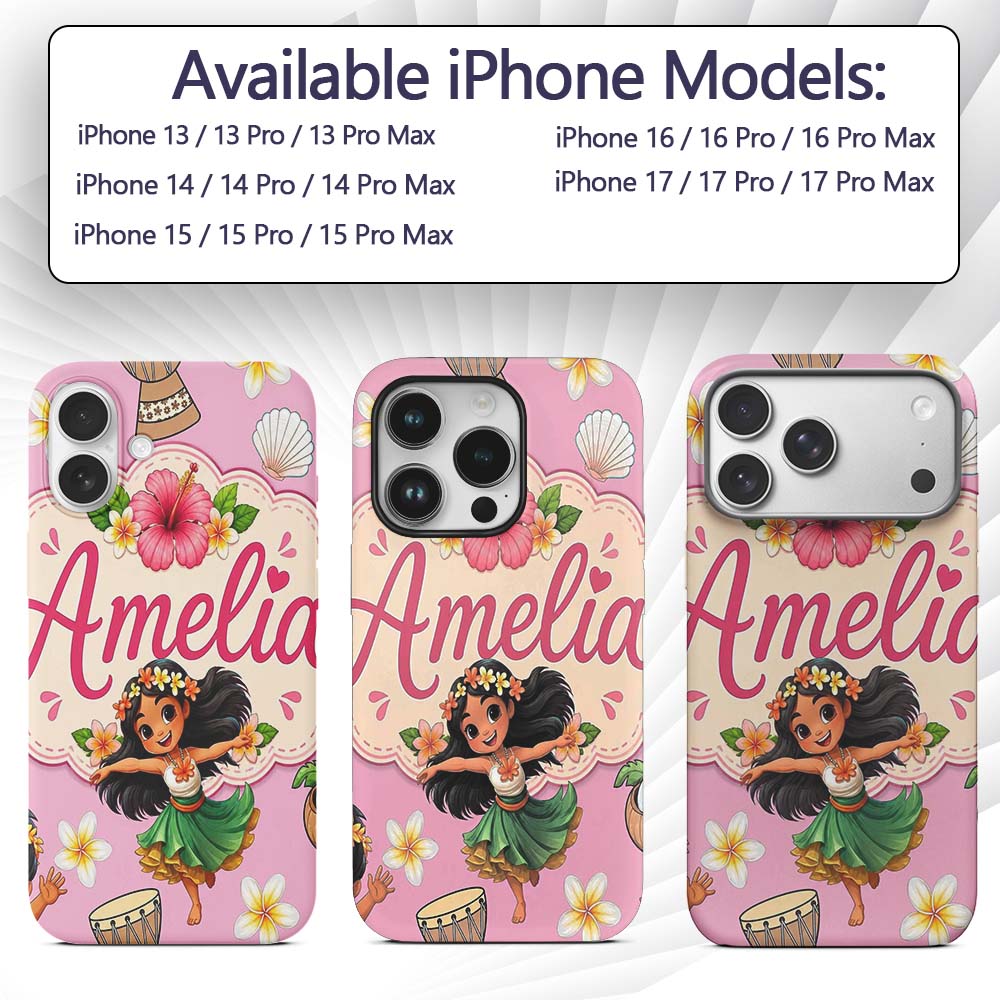 Cute Hawaiian Girl Hula Dance Coconut Shell Rose Custom Name Protective Phone Case Mobile Cover Durable Everyday Smartphone Shock Resistant