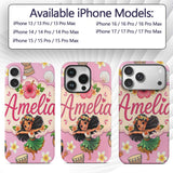 Cute Hawaiian Girl Hula Dance Coconut Shell Rose Custom Name Protective Phone Case Mobile Cover Durable Everyday Smartphone Shock Resistant
