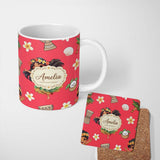 Personalized Custom Name Cute Hawaiian Girl Hula Dance Coconut Shell Red Background Seamless 11oz Ceramic Coffee Tea Mug White Large Handle