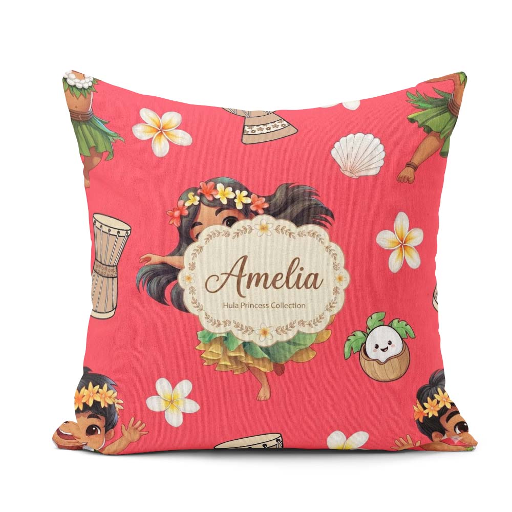 Custom Name Hawaiian Girl Hula Dance Coconut Shell Red Seamless Square Filled Cushion Throw Pillow Sofa Bed Home Decor Zip Washable UK Made
