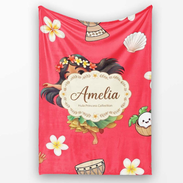 Cute Hawaiian Girl Hula Dance Coconut Shell Red Background Seamless  Personalised Custom Name Super Soft Fleece Blanket Bed Sofa Throw