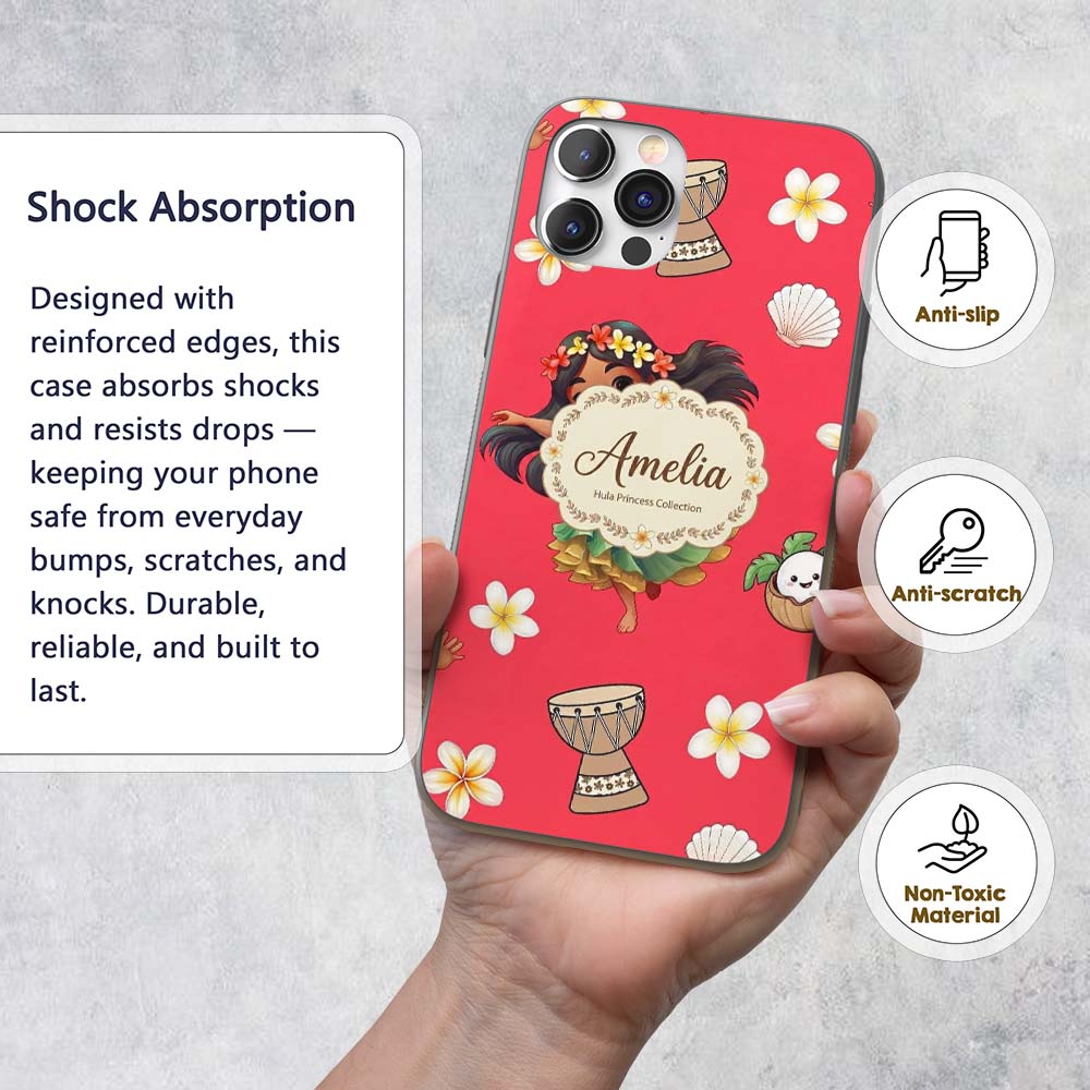 Cute Hawaiian Girl Hula Dance Coconut Shell Red Custom Name Protective Phone Case Mobile Cover Durable Everyday Smartphone Shock Resistant