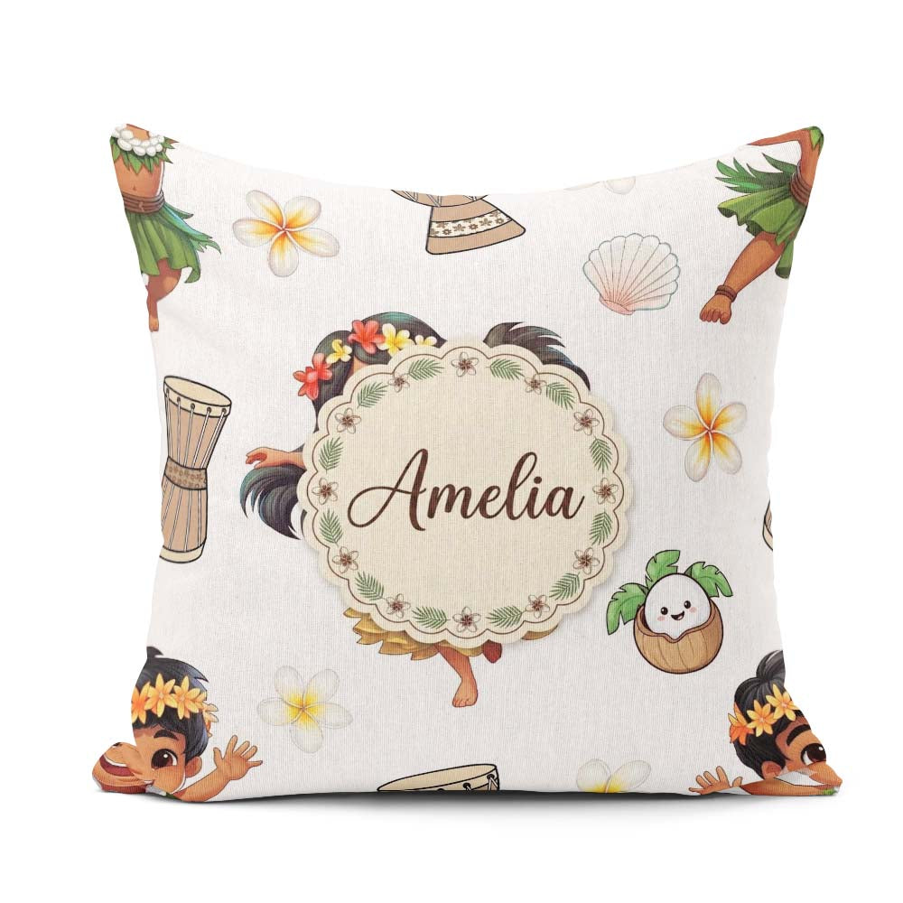 Custom Name Cute Hawaiian Girl Hula Dance Shell Grey Background Square Filled Cushion Throw Pillow Sofa Bed Home Decor Zip Washable UK Made