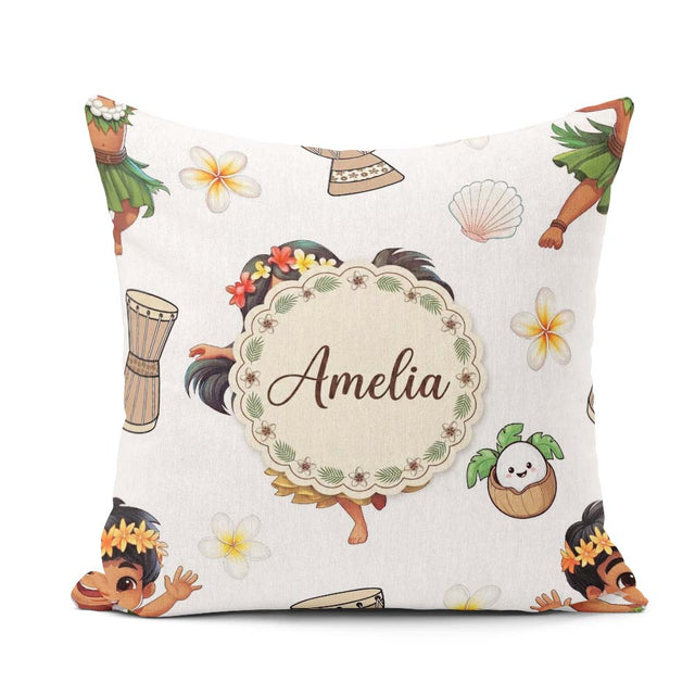 Custom Name Cute Hawaiian Girl Hula Dance Shell Grey Background Square Filled Cushion Throw Pillow Sofa Bed Home Decor Zip Washable UK Made