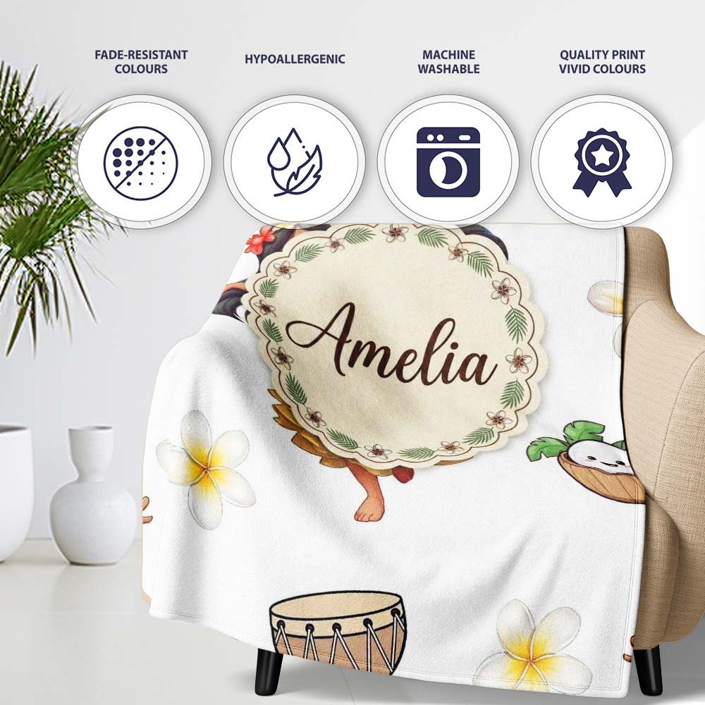 Cute Hawaiian Girl Hula Dance Coconut Shell Grey Background  Personalised Custom Name Super Soft Fleece Blanket Bed Sofa Throw