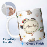 Personalized Custom Name Cute Hawaiian Girl Hula Dance Coconut Shell Grey Background 11oz Ceramic Coffee Tea Mug White Large Handle
