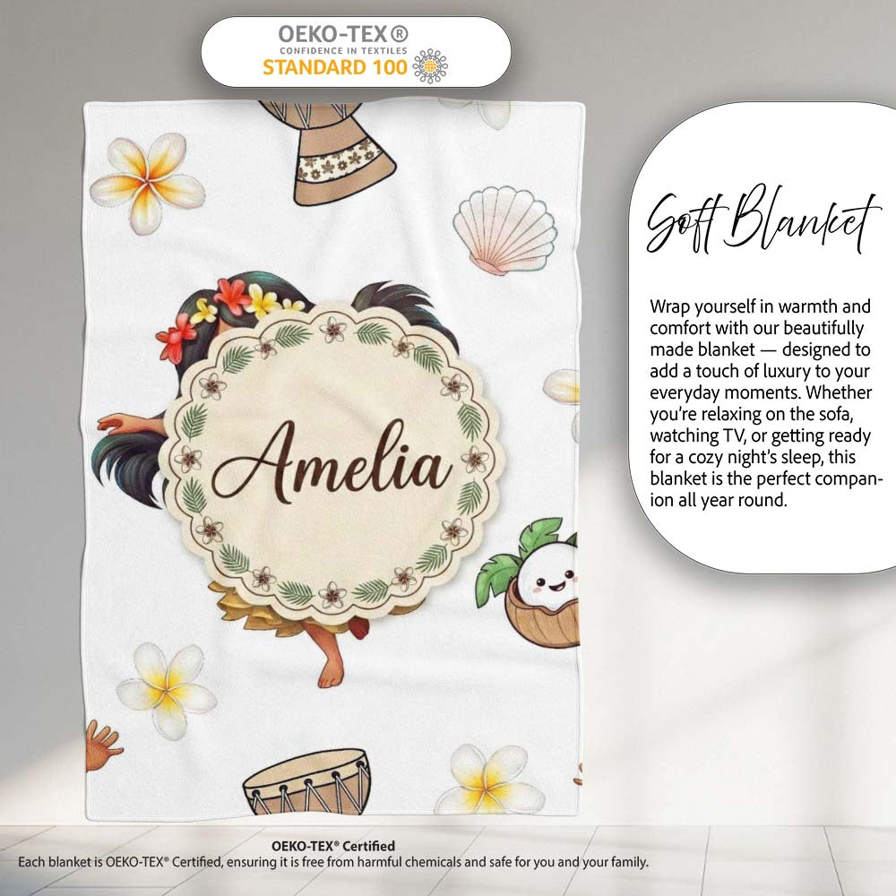 Cute Hawaiian Girl Hula Dance Coconut Shell Grey Background  Personalised Custom Name Super Soft Fleece Blanket Bed Sofa Throw