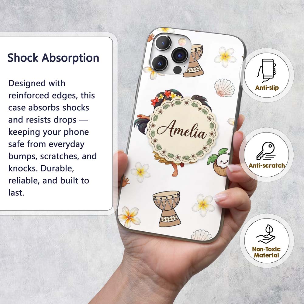 Cute Hawaiian Girl Hula Dance Coconut Shell Grey Custom Name Protective Phone Case Mobile Cover Durable Everyday Smartphone Shock Resistant