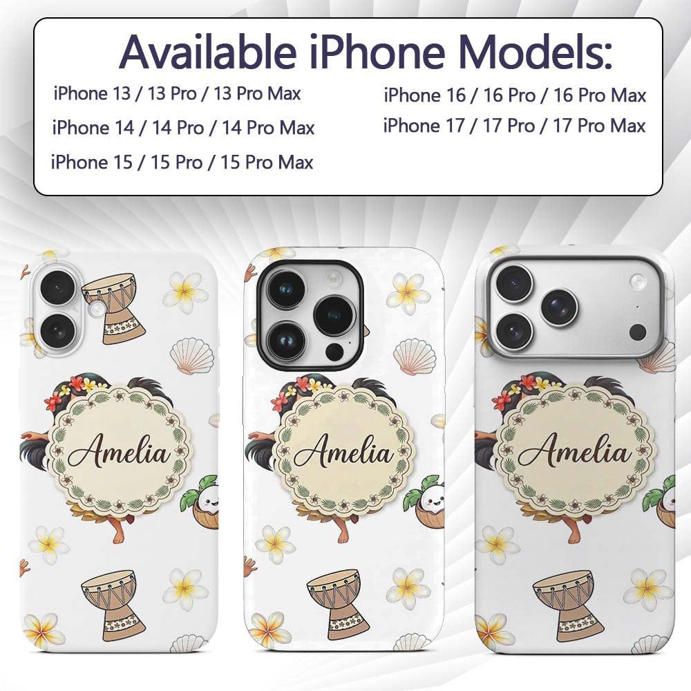 Cute Hawaiian Girl Hula Dance Coconut Shell Grey Custom Name Protective Phone Case Mobile Cover Durable Everyday Smartphone Shock Resistant