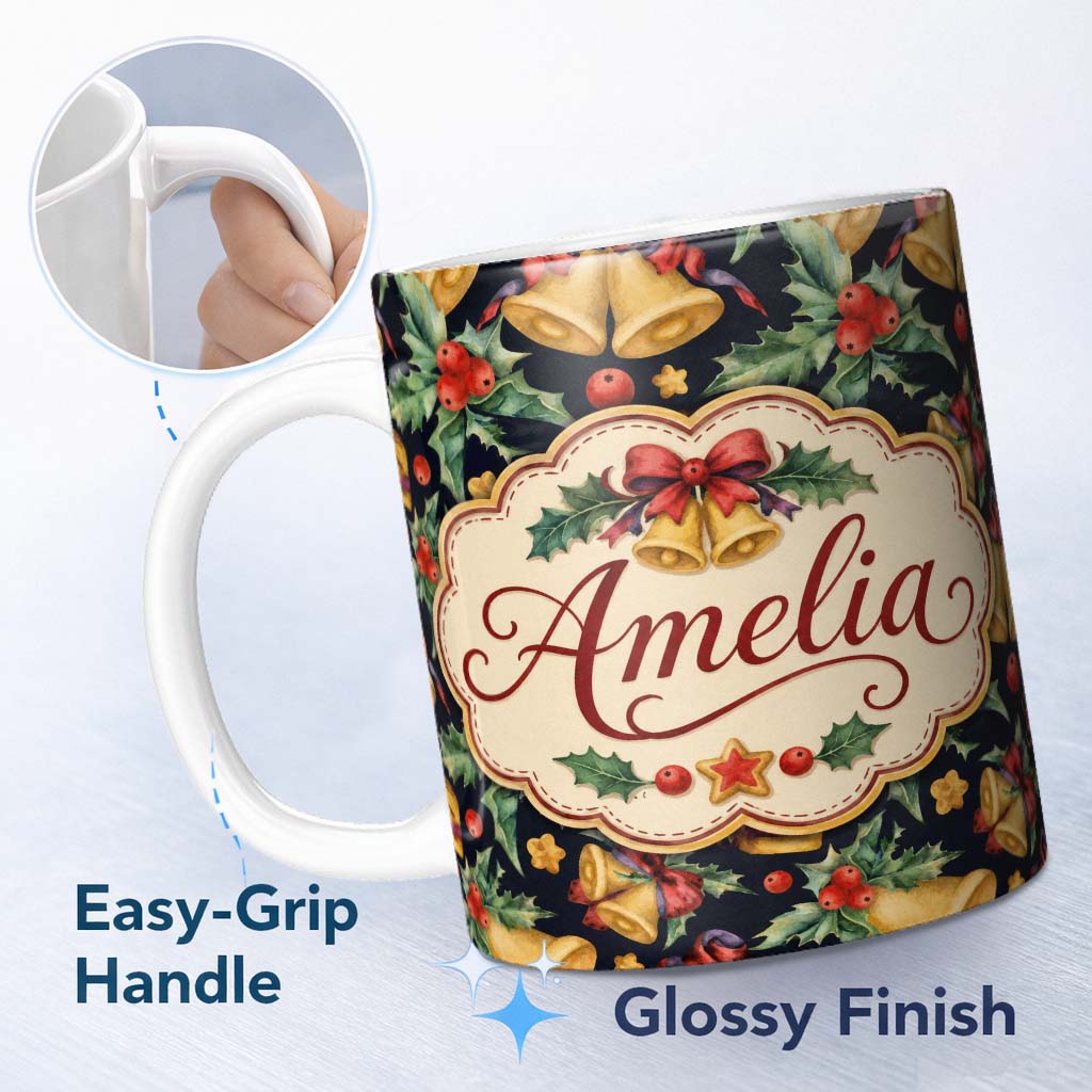 Personalized Custom Name Watercolor Festive Bells Holly Gift Ribbon Dark Seamless Pattern 11oz Ceramic Coffee Tea Mug White Large Handle