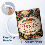 Personalized Custom Name Watercolor Festive Bells Holly Gift Ribbon Dark Seamless Pattern 11oz Ceramic Coffee Tea Mug White Large Handle