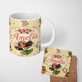 Personalized Custom Name Cute Hawaiian Girl Hula Dance Coconut Shell Yellow Background 11oz Ceramic Coffee Tea Mug White Large Handle