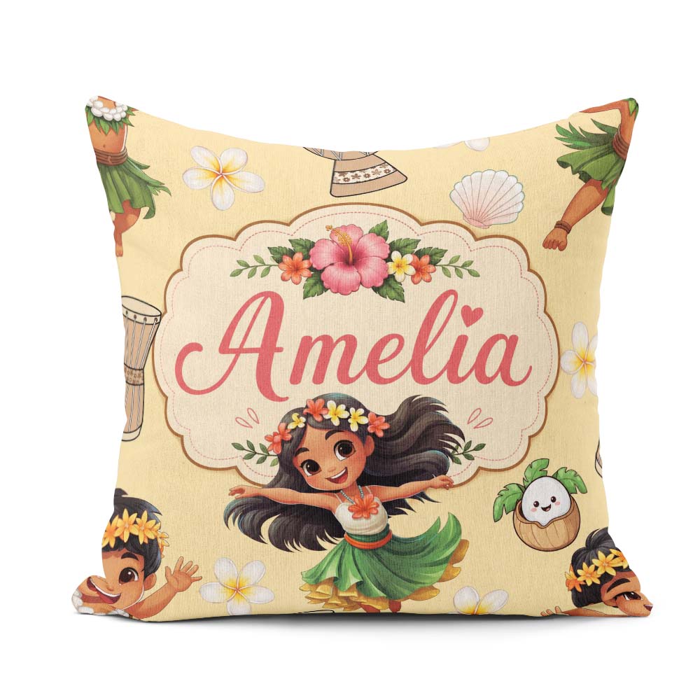 Custom Name Cute Girl Hula Dance Coconut Shell Yellow Background Square Filled Cushion Throw Pillow Sofa Bed Home Decor Zip Washable UK Made
