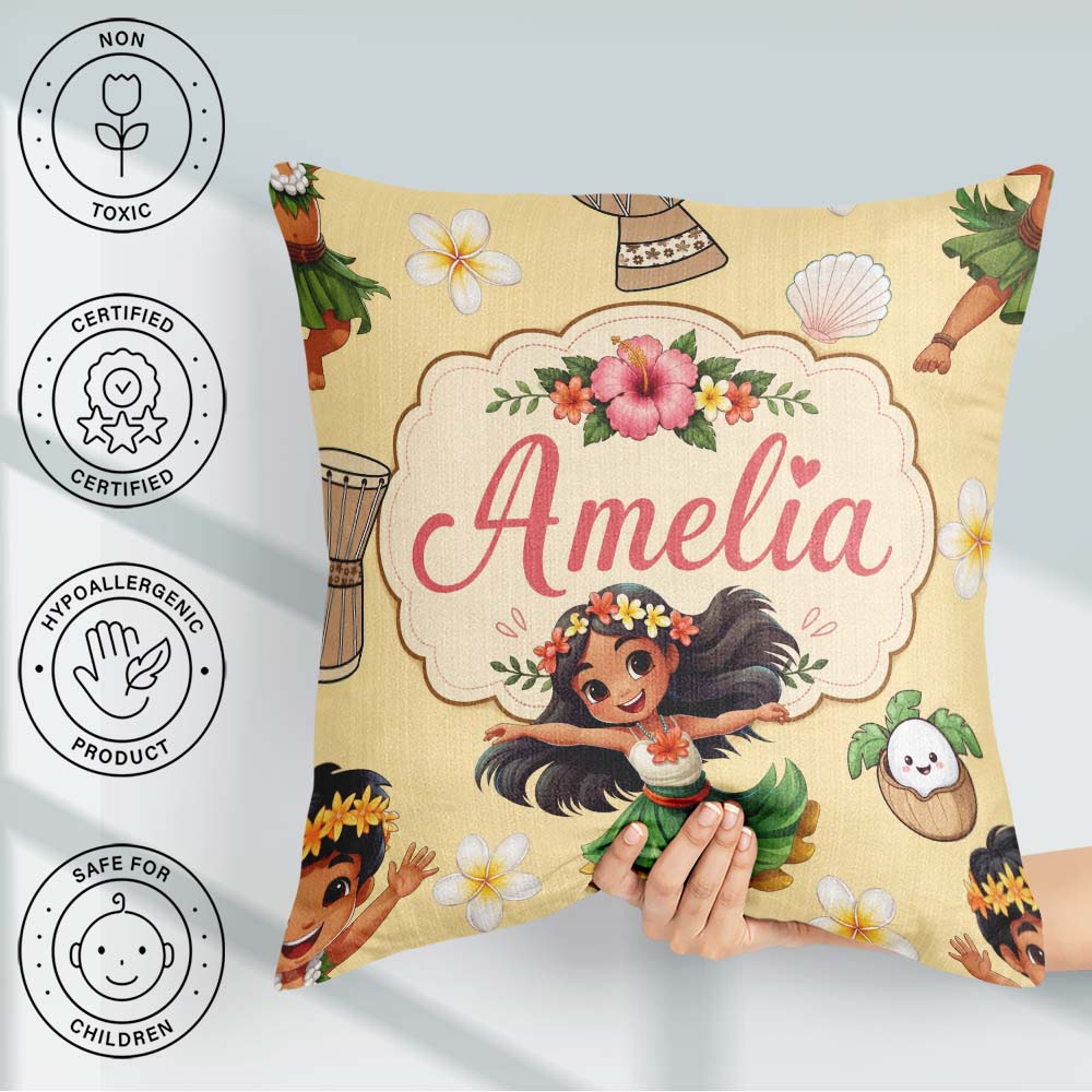 Custom Name Cute Girl Hula Dance Coconut Shell Yellow Background Square Filled Cushion Throw Pillow Sofa Bed Home Decor Zip Washable UK Made