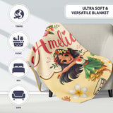 Cute Hawaiian Girl Hula Dance Coconut Shell Yellow Background  Personalised Custom Name Super Soft Fleece Blanket Bed Sofa Throw