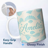 Personalized Custom Name Minimal Seashell Pattern Blue Coastal Background Seamless Custom 11oz Ceramic Coffee Tea Mug White Large Handle