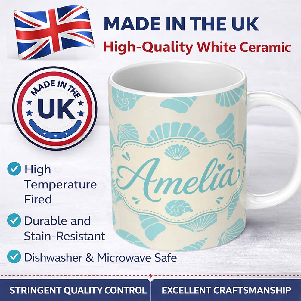Personalized Custom Name Minimal Seashell Pattern Blue Coastal Background Seamless Custom 11oz Ceramic Coffee Tea Mug White Large Handle