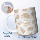 Personalized Custom Name Minimal Seashell Pattern Beige Coastal Background Seamless Name Cute 11oz Ceramic Coffee Tea Mug White Large Handle