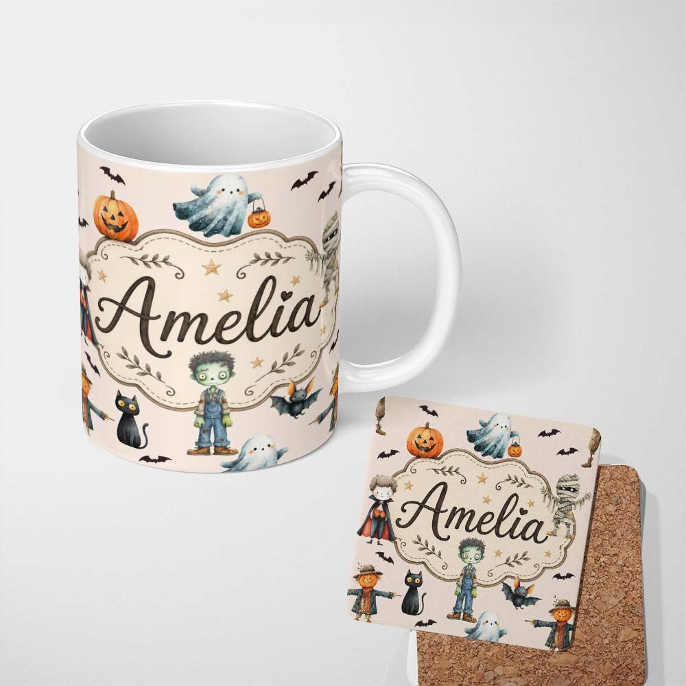 Personalized Custom Name Halloween Zombie Mummy Vampire Bat Spooky Neutral Seamless Pattern 11oz Ceramic Coffee Tea Mug White Large Handle