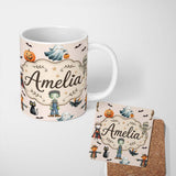 Personalized Custom Name Halloween Zombie Mummy Vampire Bat Spooky Neutral Seamless Pattern 11oz Ceramic Coffee Tea Mug White Large Handle