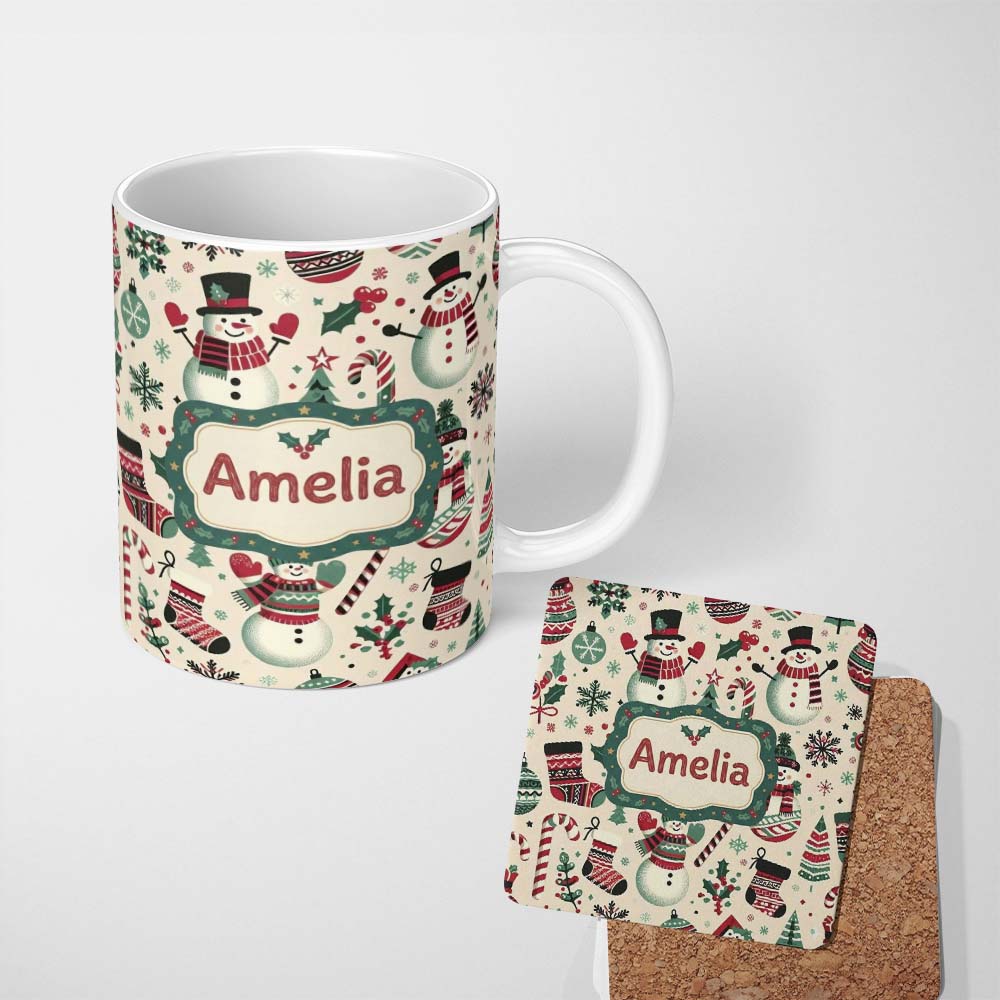 Personalized Custom Name Cute Snowman Candy Cane Christmas Tree Festive Seamless Pattern 11oz Ceramic Coffee Tea Mug White Large Handle