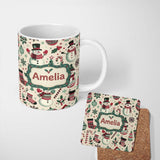 Personalized Custom Name Cute Snowman Candy Cane Christmas Tree Festive Seamless Pattern 11oz Ceramic Coffee Tea Mug White Large Handle