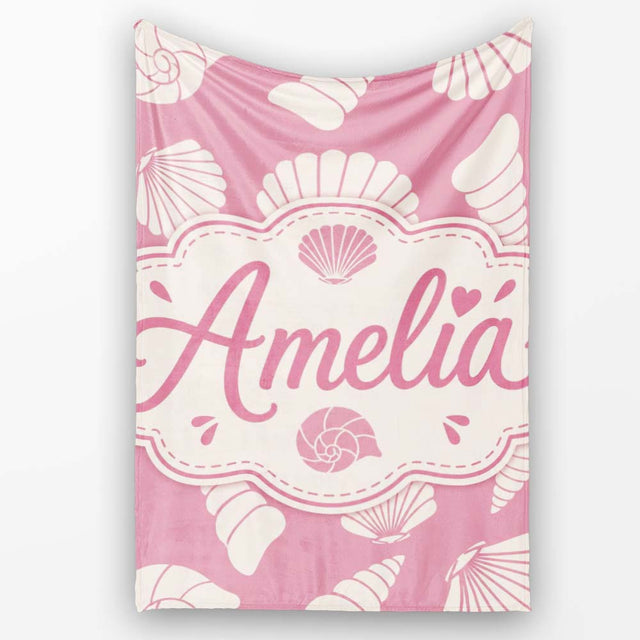 Minimal Seashell Pattern Soft Pink Background Coastal Style  Personalised Custom Name Super Soft Fleece Blanket Bed Sofa Throw