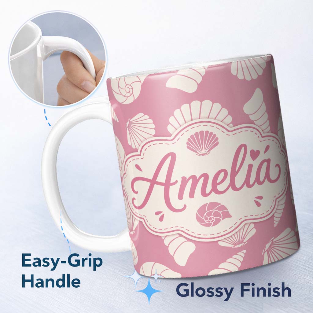 Personalized Custom Name Minimal Seashell Pattern Soft Pink Background Coastal Style 11oz Ceramic Coffee Tea Mug White Large Handle