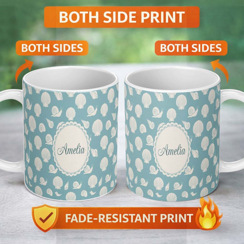 Personalized Custom Name Minimal Seashell Pattern Aqua Blue Background Coastal Style 11oz Ceramic Coffee Tea Mug White Large Handle