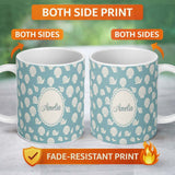 Personalized Custom Name Minimal Seashell Pattern Aqua Blue Background Coastal Style 11oz Ceramic Coffee Tea Mug White Large Handle