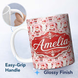 Personalized Custom Name Cute Cartoon Santa Pink Snow Gift Pattern Whimsical Christmas Lovely 11oz Ceramic Coffee Tea Mug White Large Handle