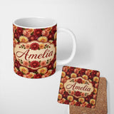 Personalized Custom Name Warm Autumn Dahlia Floral Mix Seamless Pattern Thoughtful Gift Idea 11oz Ceramic Coffee Tea Mug White Large Handle