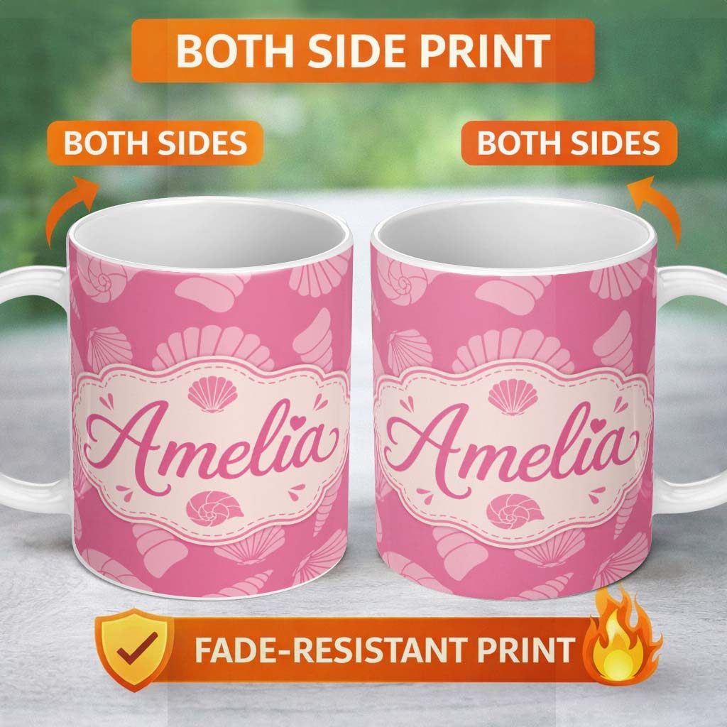 Personalized Custom Name Minimal Seashell Pattern Coral Pink Background Coastal Style 11oz Ceramic Coffee Tea Mug White Large Handle