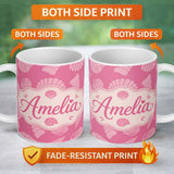 Personalized Custom Name Minimal Seashell Pattern Coral Pink Background Coastal Style 11oz Ceramic Coffee Tea Mug White Large Handle
