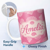 Personalized Custom Name Minimal Seashell Pattern Coral Pink Background Coastal Style 11oz Ceramic Coffee Tea Mug White Large Handle