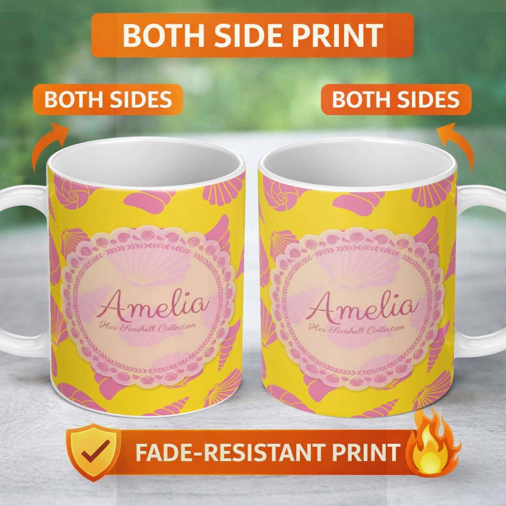 Personalized Custom Name Minimal Seashell Pattern Yellow Pink Contrast Background Seamless 11oz Ceramic Coffee Tea Mug White Large Handle