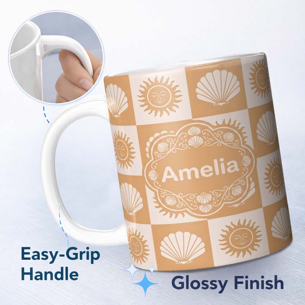 Personalized Custom Name Boho Sun and Seashell Checkerboard Beige Background Seamless 11oz Ceramic Coffee Tea Mug White Large Handle