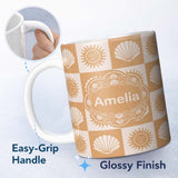 Personalized Custom Name Boho Sun and Seashell Checkerboard Beige Background Seamless 11oz Ceramic Coffee Tea Mug White Large Handle