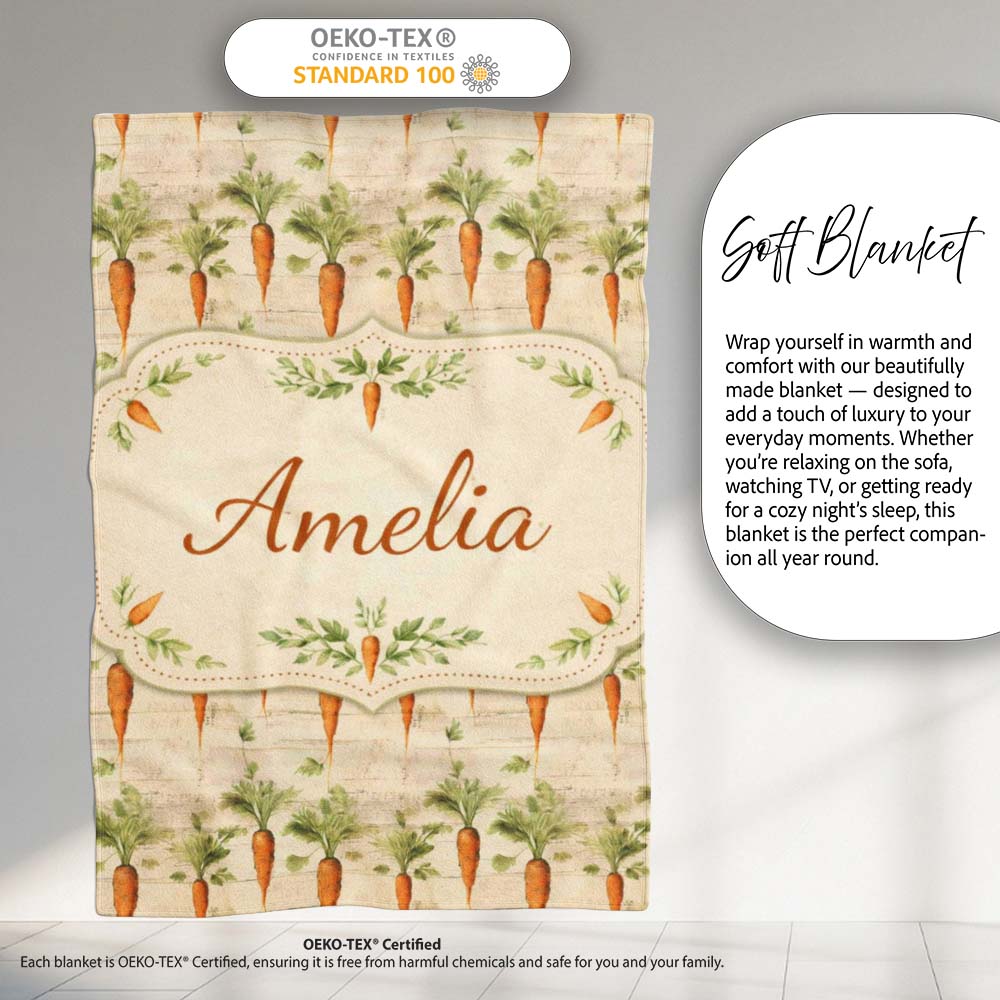 Rustic Carrot Vegetable Botanical Vintage Seamless Pattern Lovely  Personalised Custom Name Super Soft Fleece Blanket Bed Sofa Throw