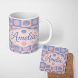 Personalized Custom Name Boho Sun and Seashell Checkerboard Blue Pink Background Seamless 11oz Ceramic Coffee Tea Mug White Large Handle