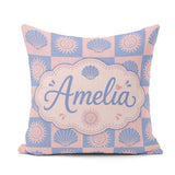 Custom Name Boho Sun and Seashell Blue Pink Background Seamless Square Filled Cushion Throw Pillow Sofa Bed Home Decor Zip Washable UK Made