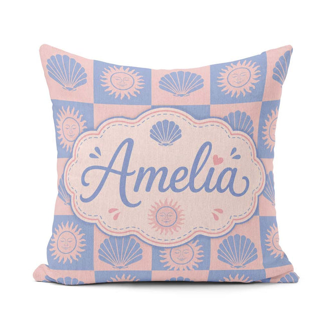Custom Name Boho Sun and Seashell Blue Pink Background Seamless Square Filled Cushion Throw Pillow Sofa Bed Home Decor Zip Washable UK Made
