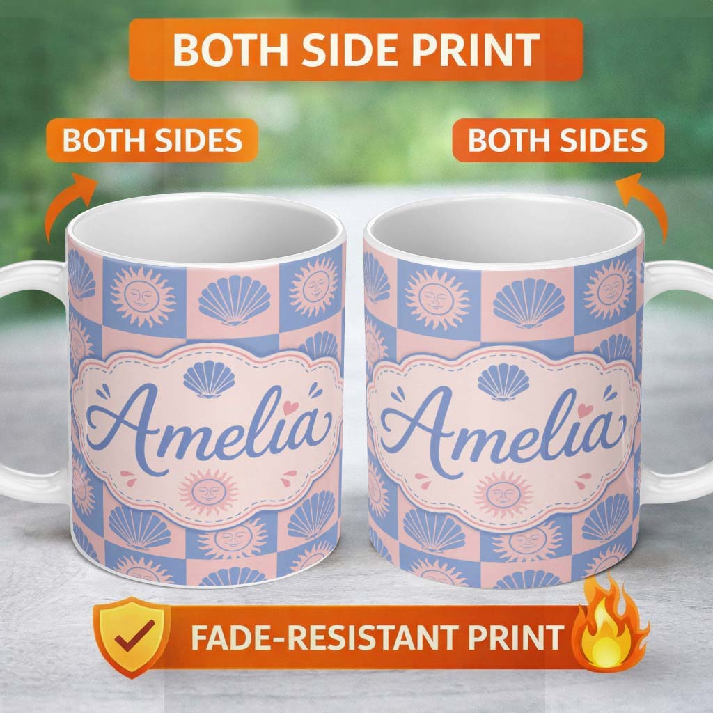 Personalized Custom Name Boho Sun and Seashell Checkerboard Blue Pink Background Seamless 11oz Ceramic Coffee Tea Mug White Large Handle